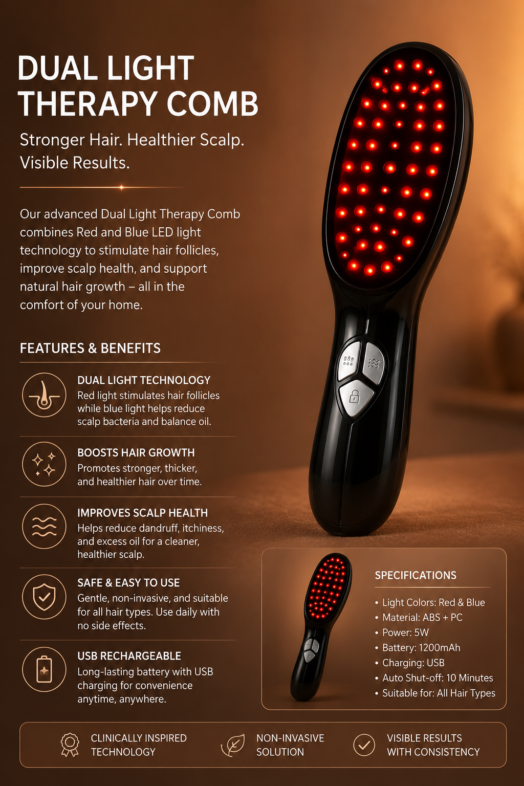 Lunessa™ Dual Light Therapy Scalp Massager - Red + Blue Light + Massage